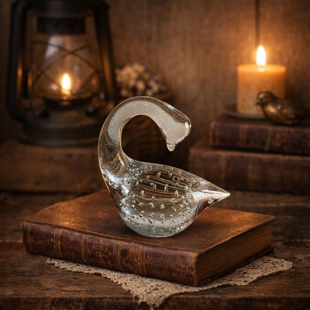 VTG Art Glass Clear Duck Swan Paperweight Bird Figurine Farmhouse Cottage Decor